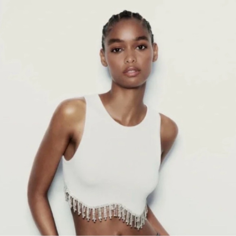 Zara White Ribbed Crop Tank with Rhinestone Fringe